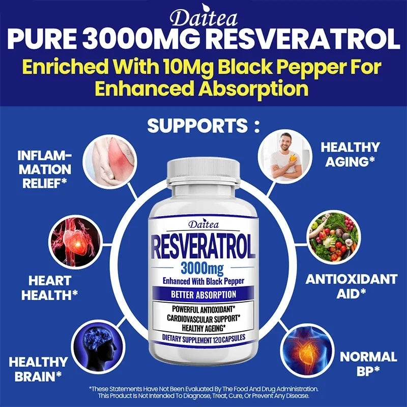 Resveratrol Supplement 3000 Mg - Non-GMO and Gluten Free, Ultra-Pure Trans-Resveratrol 120 Capsules, Anti-Aging, Antioxidant