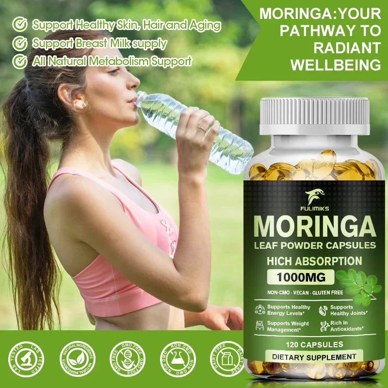 Pure Organic Moringa Oil Leaf Powder Capsules 1000mg, Immune System&Energy Booster - Vegetarian Supplements for Healthy Capsules