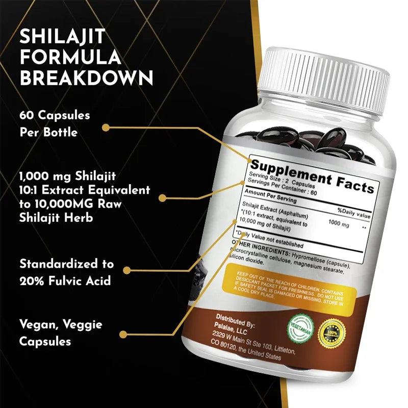 Pure Himalayan Shilajit Resin Capsules Formulated with 20% Fulvic Acid - 10:1 Extract 10,000mg Extra Strength