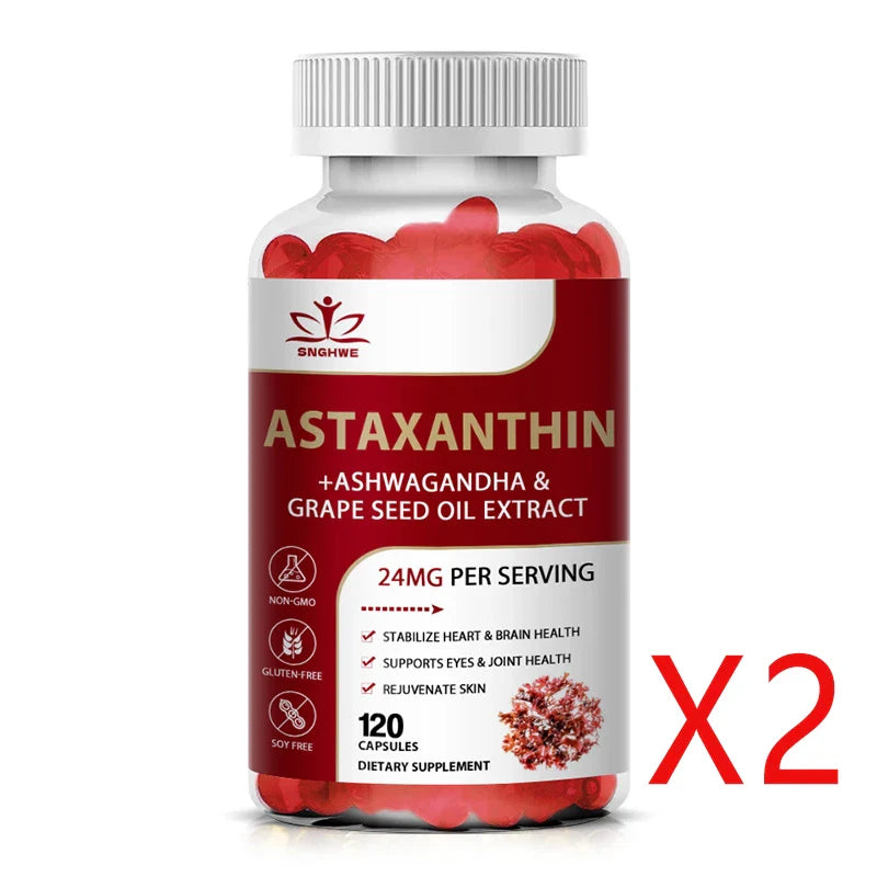 120pcs Astaxanthin Supplement with Grapeseed Oil, Ashwagandha Extract,Support Eye, Skin, Joint,And Immune System Health Capsules