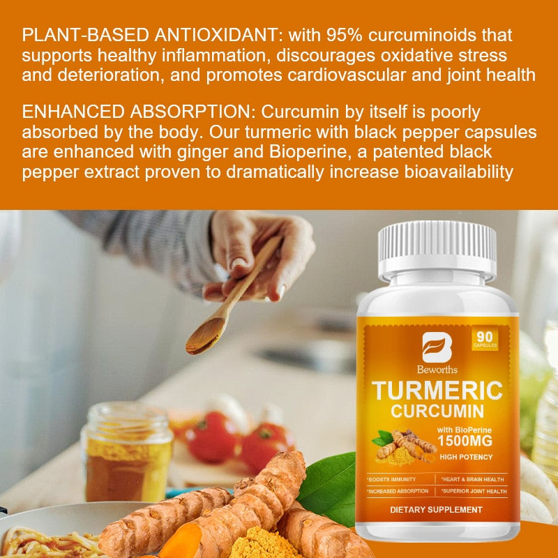 BEWORTHS 90 Pills Organic Turmeric Curcumin Supplement with Black Pepper High Potency Supports Joint,Antioxidant & Immune System