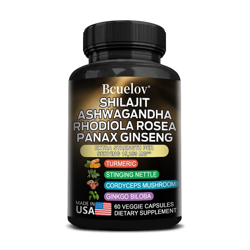 Shilajit Pure Himalayan with Ashwagandha, Rhodiola, Ginseng, Men & Women Supplement - Brain, Energy, Joints, Immunity