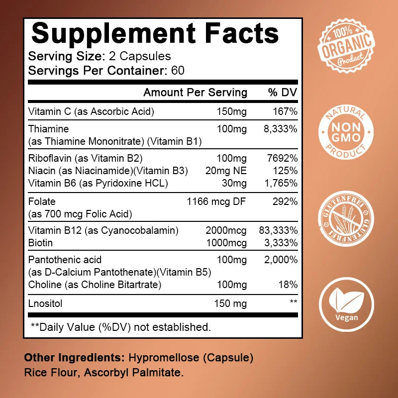 B-Complex Vitamin Supplements (B1 B2 B3 B5 B6 B12 Folic Acid&Biotin) Relieve Stress Improve Immunity System Strong Bones &Teeth
