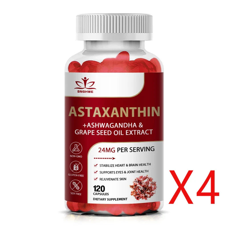 120pcs Astaxanthin Supplement with Grapeseed Oil, Ashwagandha Extract,Support Eye, Skin, Joint,And Immune System Health Capsules