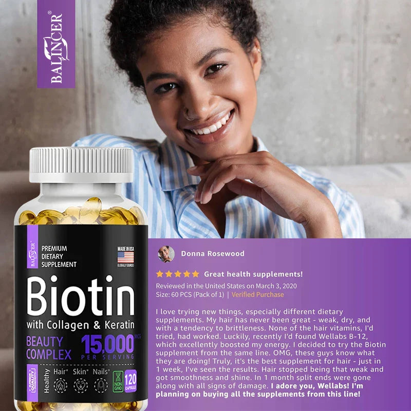 Balincer with Biotin + Collagen + Keratin Supplement - for Hair, Skin, Nail Health | Non-GMO, 120 Capsules