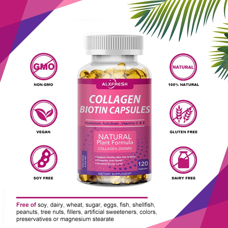 Alxfresh 3X Collagen Biotin Supplement Protein Support Anti Aging Strong Nails Shiny Hair Glowing Smooth Skin Vegan Capsules