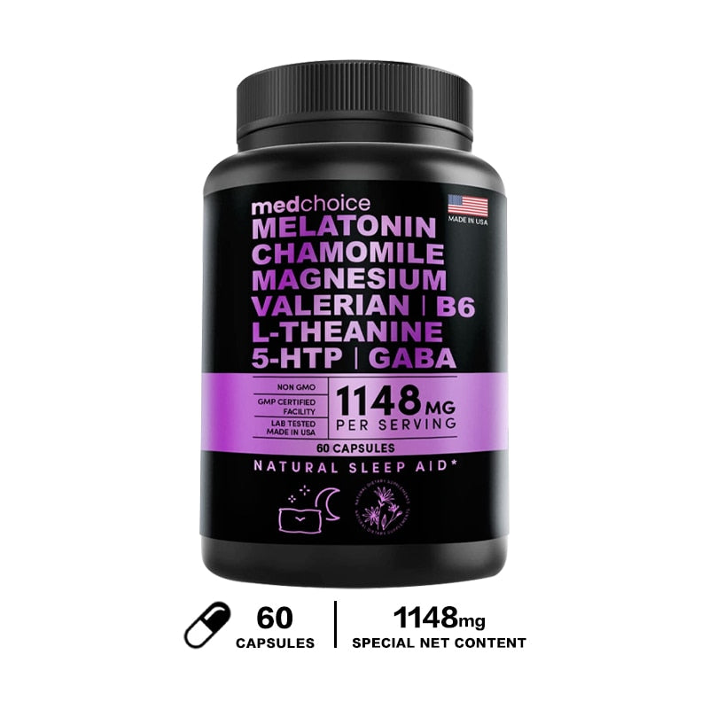 Melatonin 6 Mg Natural Sleep Aid, Sleep Supplement with Theanine, 5 HTPs, GABA, Valerian Root, Chamomile, Vitamin B6, Aids Sleep