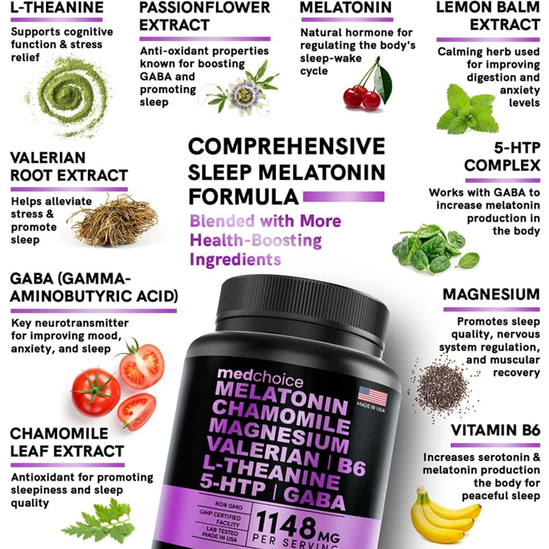 Melatonin 6 Mg Natural Sleep Aid, Sleep Supplement with Theanine, 5 HTPs, GABA, Valerian Root, Chamomile, Vitamin B6, Aids Sleep