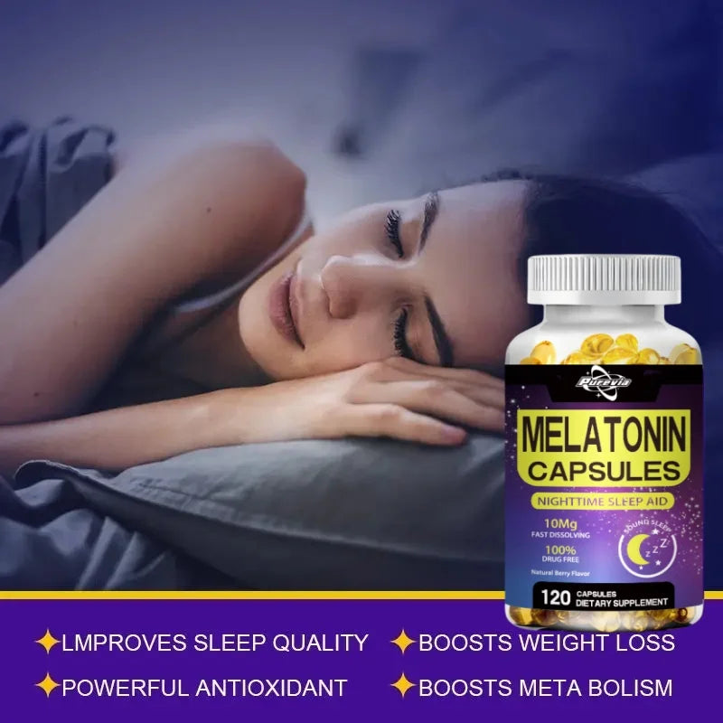 Purevia Melatonin 10mg || 120 Pills| Drug Free Aid For Adults || Vegetarian Capsule, Non-gmo, Gluten Free Supplement