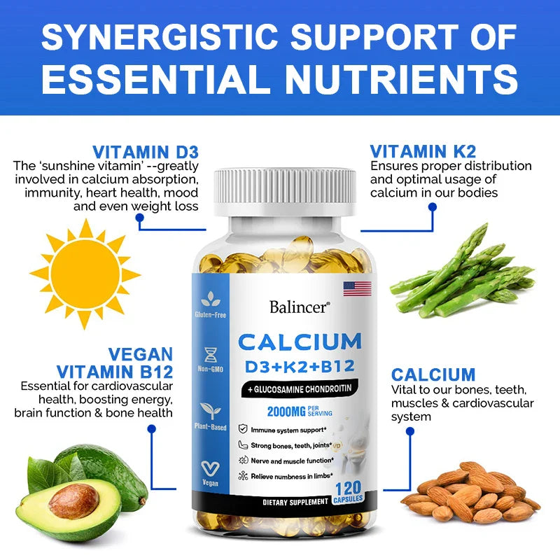 Balincer Vitamin D3+K2+B12 2000mg Capsules for Bone, Immune and Calcium Support, 120 Capsules Non-GMO