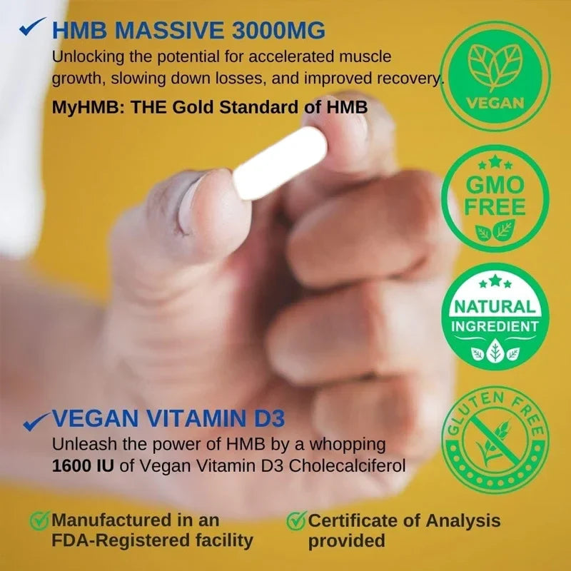 HMB 3000mg and vitamin D3 (1600 IU) supplements promote muscle growth and recovery -60 vegetarian capsules 30 servings