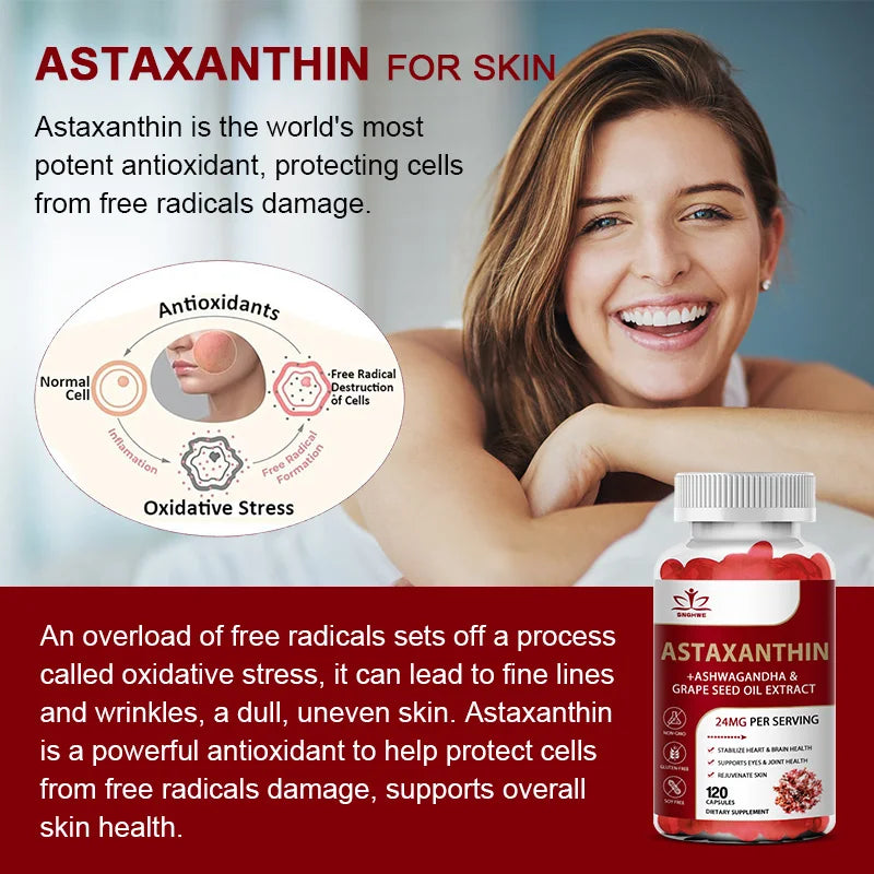120pcs Astaxanthin Supplement with Grapeseed Oil, Ashwagandha Extract,Support Eye, Skin, Joint,And Immune System Health Capsules
