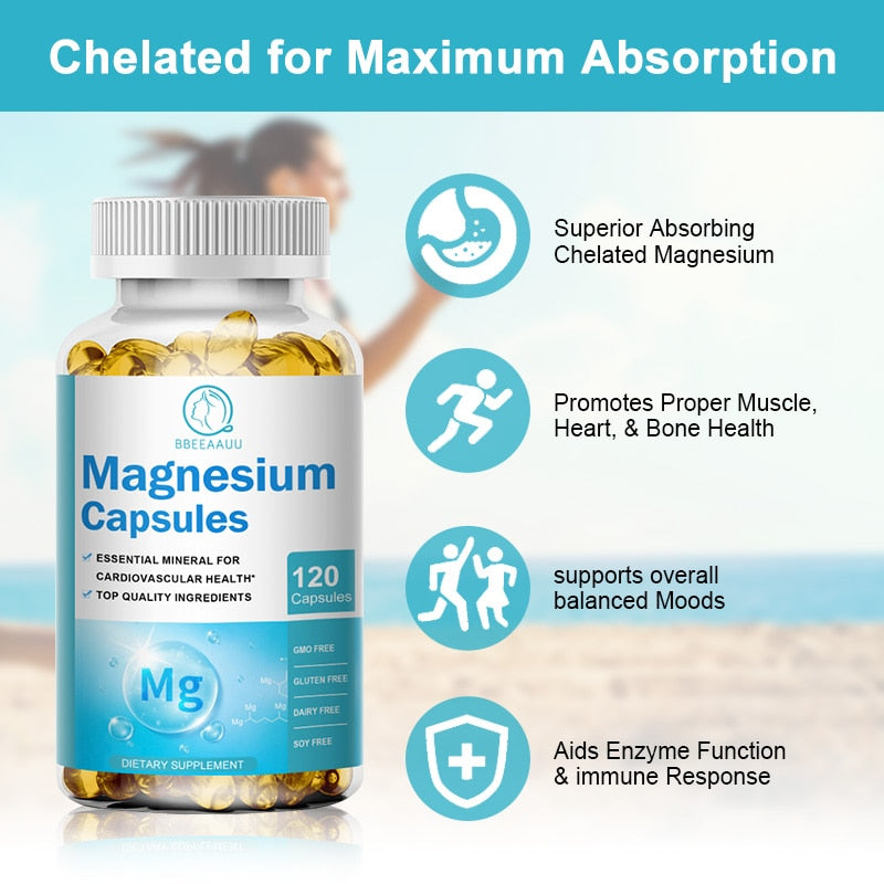 BBEEAAUU Chelated Magnesium Glycinate Capsules Promotes Muscle Heart and Bone Health Help Sleep Muscle Relaxation Anxiety Relief