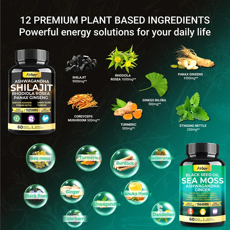 SHILAJIT + SEA MOSS Capsules, Strength, Energy, Muscle, Endurance, Anti-Fatigue, Overall Health Supplement