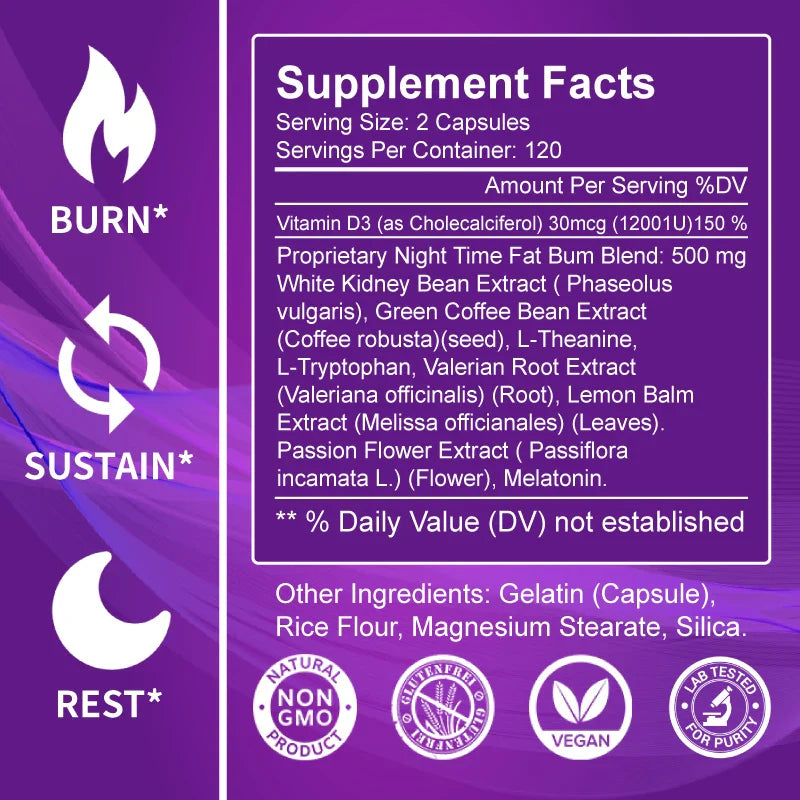 Nighttime Fat Burner Supplement for Improve Sleep Quality and Control Weight Gain Metabolism and Thermogenesis Relieve Pressure