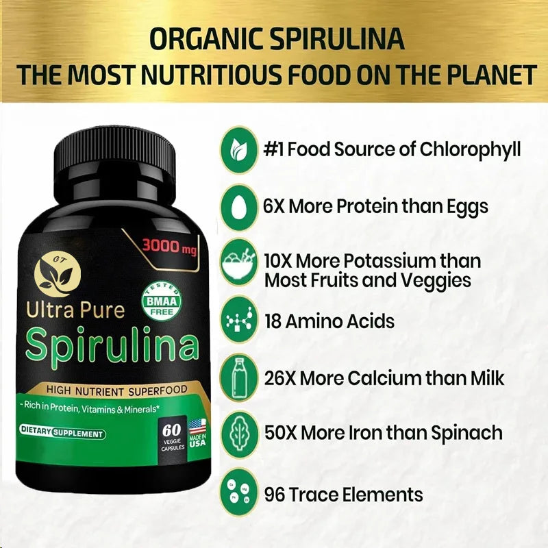 Organic Spirulina Powder 60 Capsules 300mg Best Original Vegetarian Protein - Green Superfood - Natural Multivitamin
