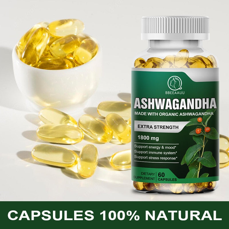 BBEEAAUU Organic Health Food 1800mg Ayurvedic Ashwagandha Capsule Help Sleep Reduce Anxiety Enhances Immunity Energy Supplement