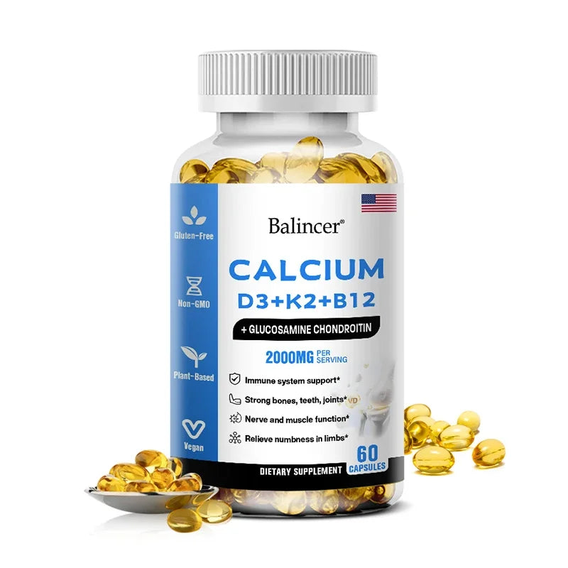 Balincer Vitamin D3+K2+B12 2000mg Capsules for Bone, Immune and Calcium Support, 120 Capsules Non-GMO