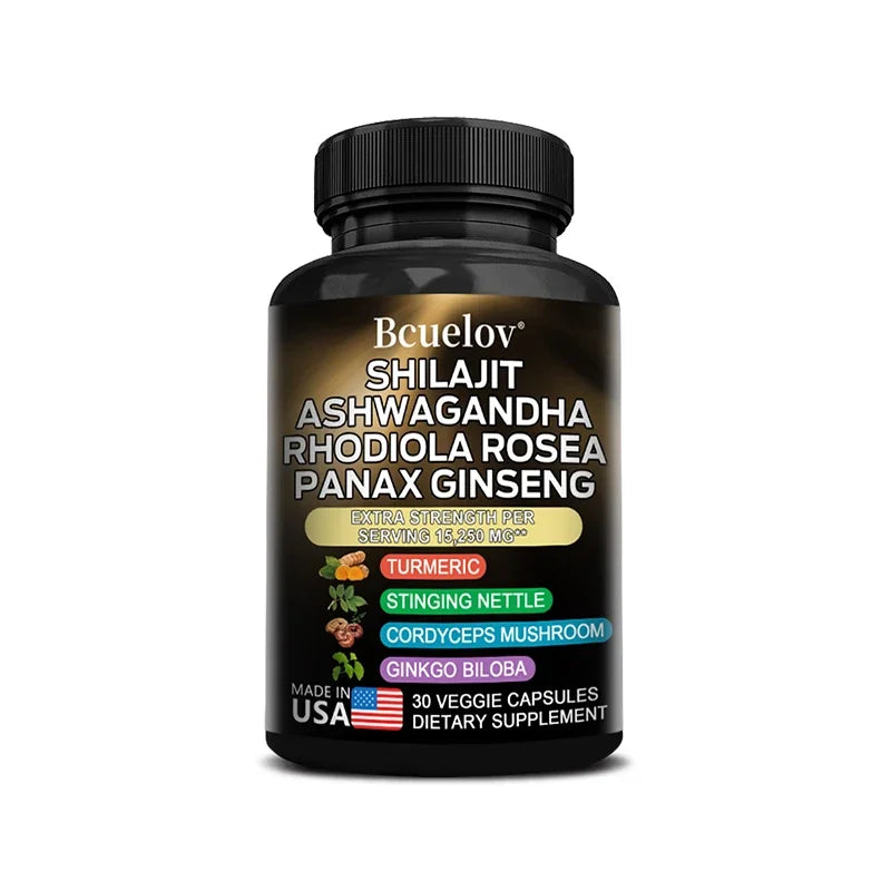 Shilajit Pure Himalayan with Ashwagandha, Rhodiola, Ginseng, Men & Women Supplement - Brain, Energy, Joints, Immunity