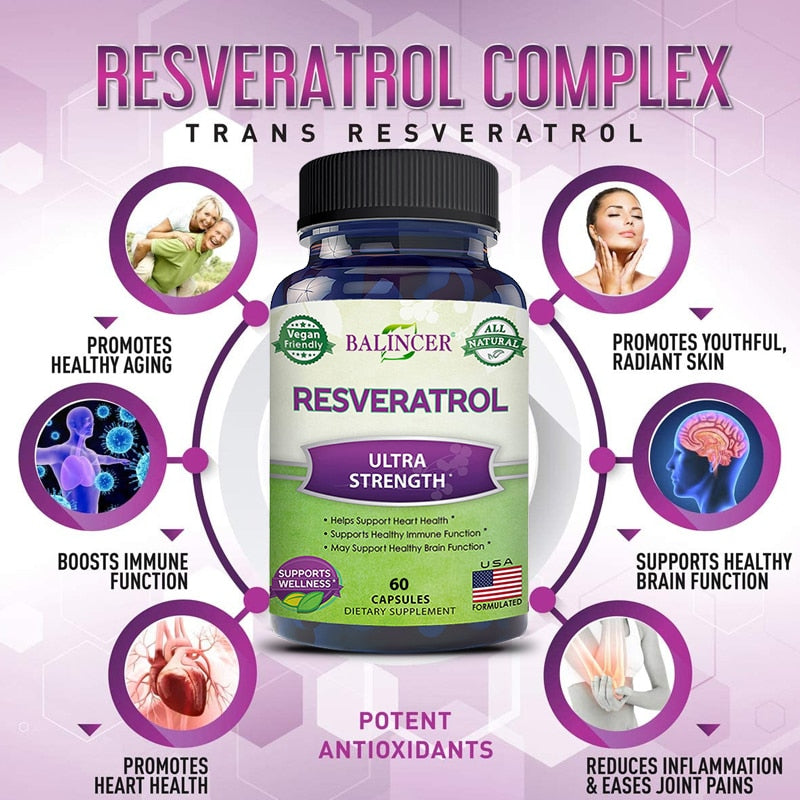 Natural Resveratrol-Antioxidant Supplement, Trans-Resveratrol for Heart Health and Fat Burning, Trans-Resveratrol for Anti-Aging