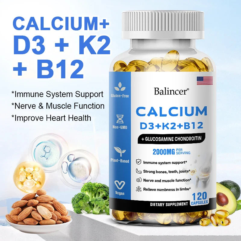 Balincer Vitamin D3+K2+B12 2000mg Capsules for Bone, Immune and Calcium Support, 120 Capsules Non-GMO