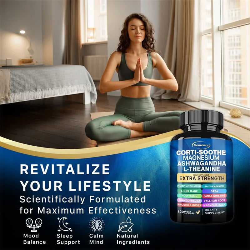 Corti-Soothe Cortisol Supplement with Magnesium, Ashwagandha, L-Theanine - Manage Stress, Maintain Calm & Support Adrenal Health