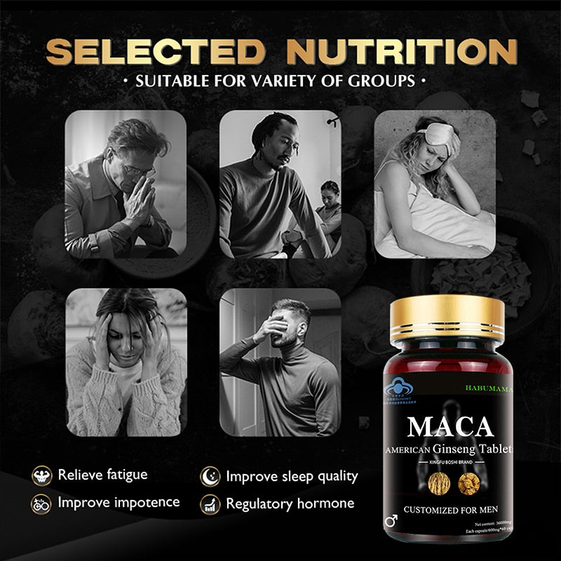 Peruvian Maca Root American Ginseng Supplement - Helps Boost Energy, Erection, Supports Stamina, Male Performance, Enlargement