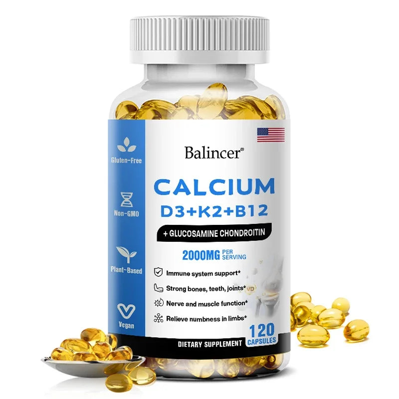 Balincer Vitamin D3+K2+B12 2000mg Capsules for Bone, Immune and Calcium Support, 120 Capsules Non-GMO