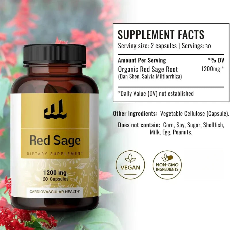 Red Sage Capsules - Organic Dan Shen Root Powder Supplement - Salvia Miltiorrhiza Pills -1200 milligrams, 60 vegetarian capsules