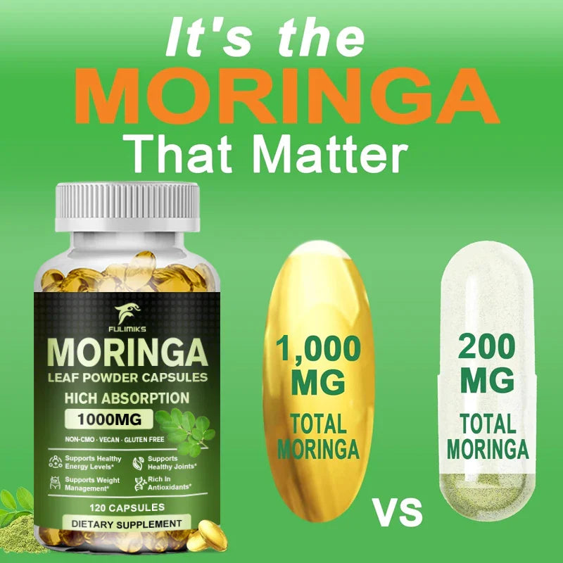 Pure Organic Moringa Oil Leaf Powder Capsules 1000mg, Immune System&Energy Booster - Vegetarian Supplements for Healthy Capsules