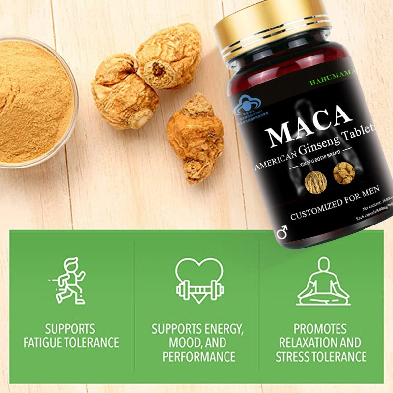 Peruvian Maca Root American Ginseng Supplement - Helps Boost Energy, Erection, Supports Stamina, Male Performance, Enlargement