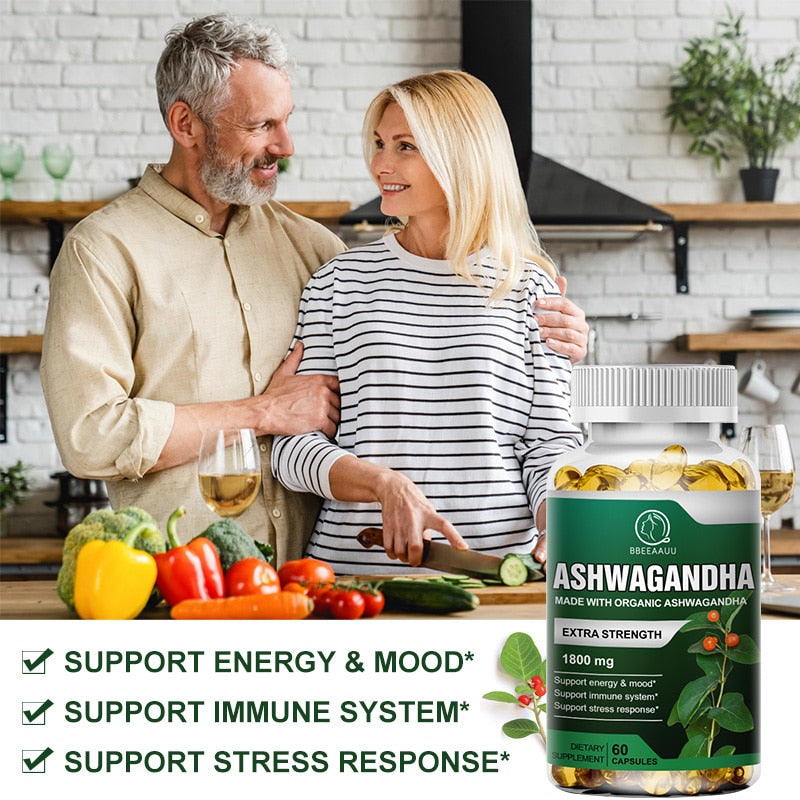 BBEEAAUU Organic Health Food 1800mg Ayurvedic Ashwagandha Capsule Help Sleep Reduce Anxiety Enhances Immunity Energy Supplement