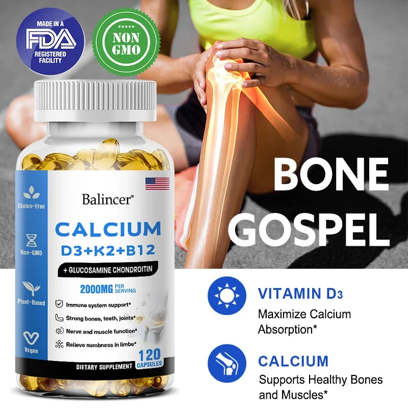 Calcium + D3 + K2 + B12 Capsules - Support Bone and Muscle Health, Replenish Joints