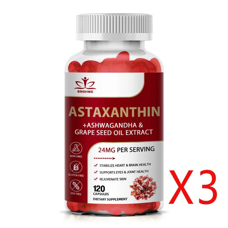 120pcs Astaxanthin Supplement with Grapeseed Oil, Ashwagandha Extract,Support Eye, Skin, Joint,And Immune System Health Capsules