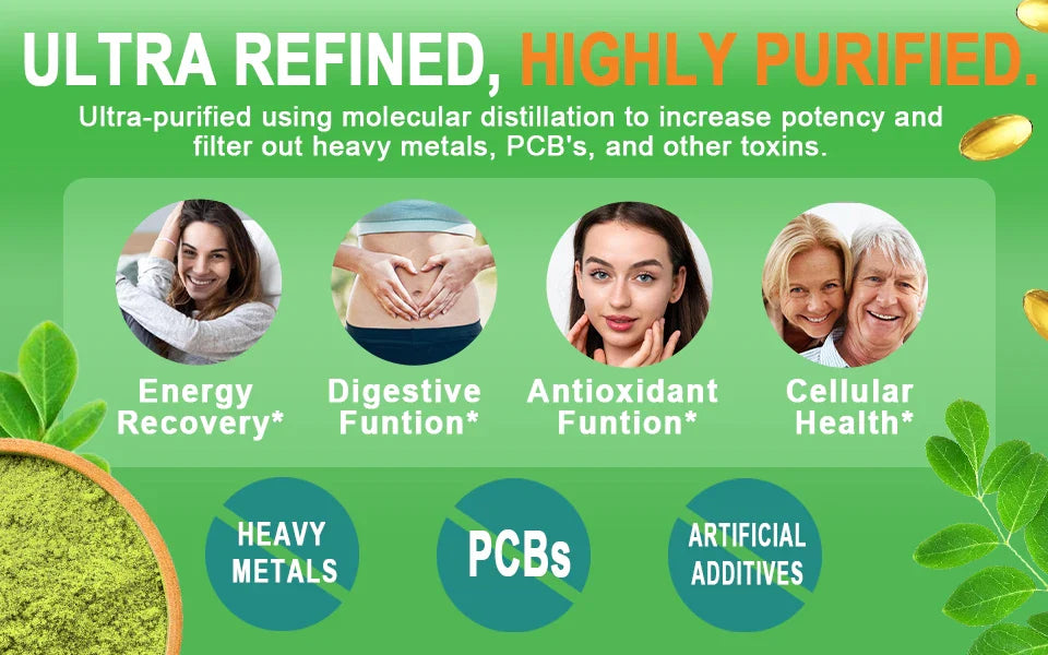 Pure Organic Moringa Oil Leaf Powder Capsules 1000mg, Immune System&Energy Booster - Vegetarian Supplements for Healthy Capsules