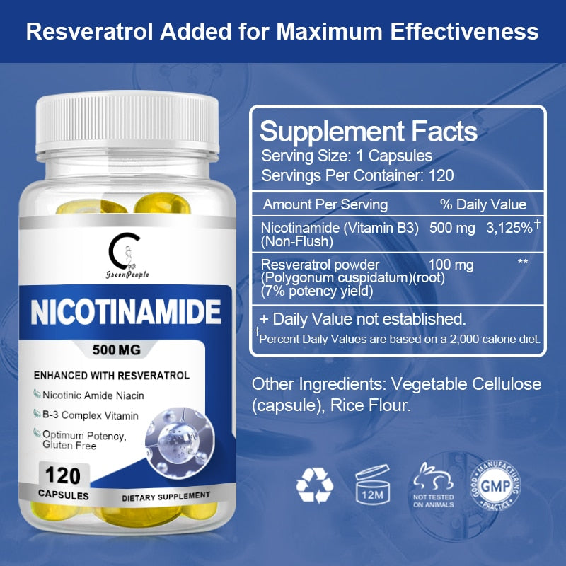 Greenpeople Nicotinamide Capsules Vitamin B3 Diet Supplement Boost Skin Beauty Whitening Repair Anti-aging Cardiovascular Health