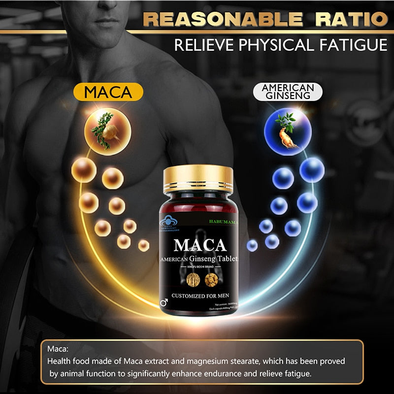 Peruvian Maca Root American Ginseng Supplement - Helps Boost Energy, Erection, Supports Stamina, Male Performance, Enlargement