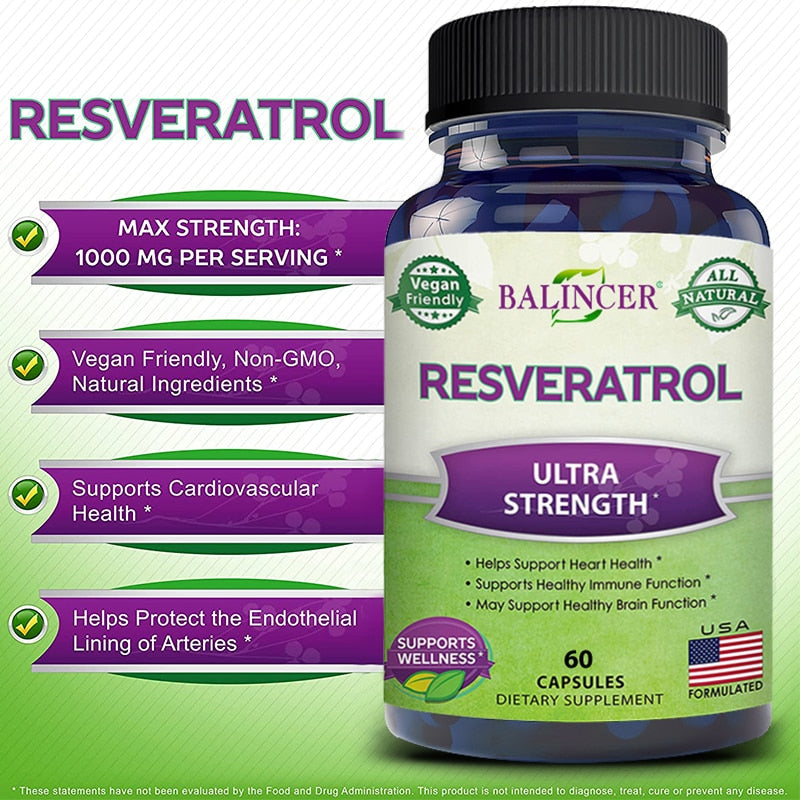 Natural Resveratrol-Antioxidant Supplement, Trans-Resveratrol for Heart Health and Fat Burning, Trans-Resveratrol for Anti-Aging