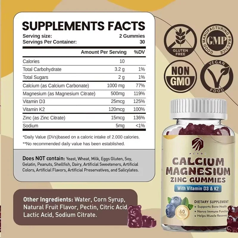 Calcium magnesium zinc gummie supplement containing vitamin D3 and K2, 60 capsules for bone health and muscle function