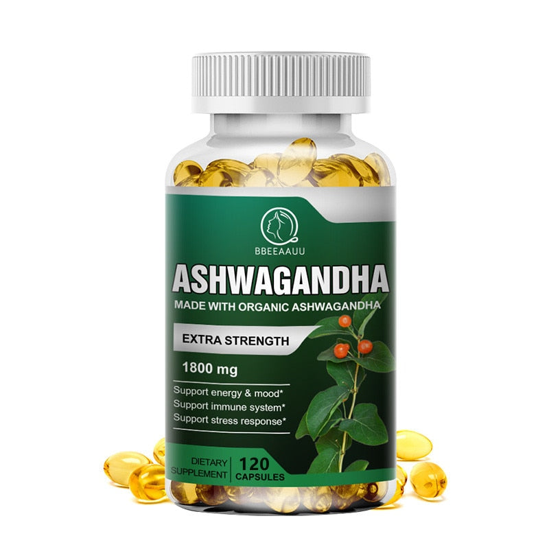 BBEEAAUU Organic Health Food 1800mg Ayurvedic Ashwagandha Capsule Help Sleep Reduce Anxiety Enhances Immunity Energy Supplement