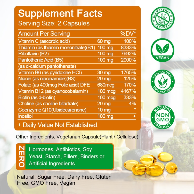 Catfit Compound Vitamin B Capsules B1 B2 B3 B5 B6 B7 B9 B12 Better Mood Assists Nervous System Health &Energy Support Supplement