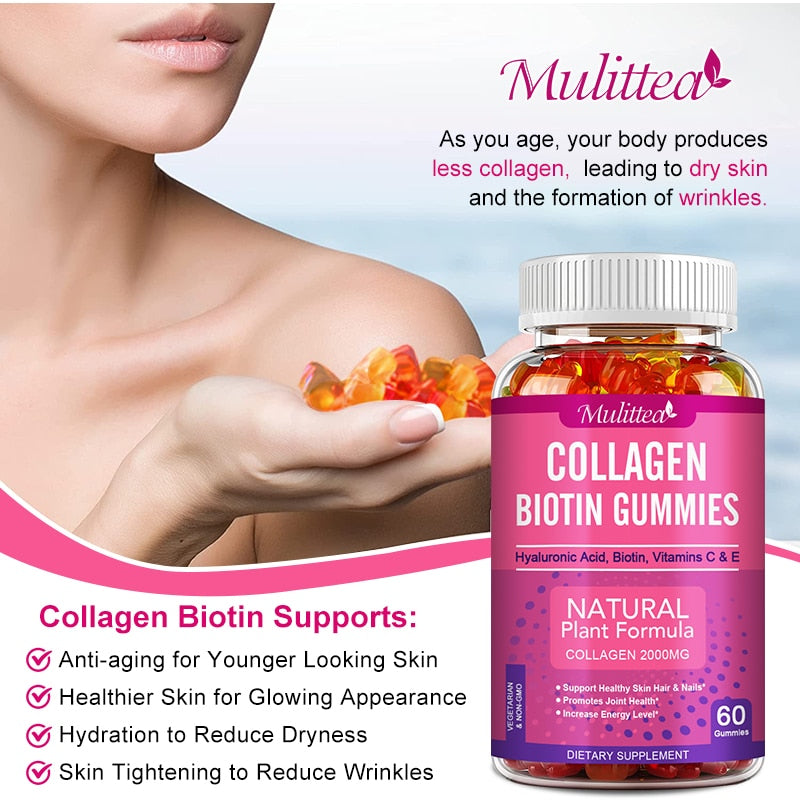 Mulittea Collagen Gummies Biotin for Hair Growth Whitening Skin Care Health Nails &Anti Aging Vitamins C E Dietary Supplement