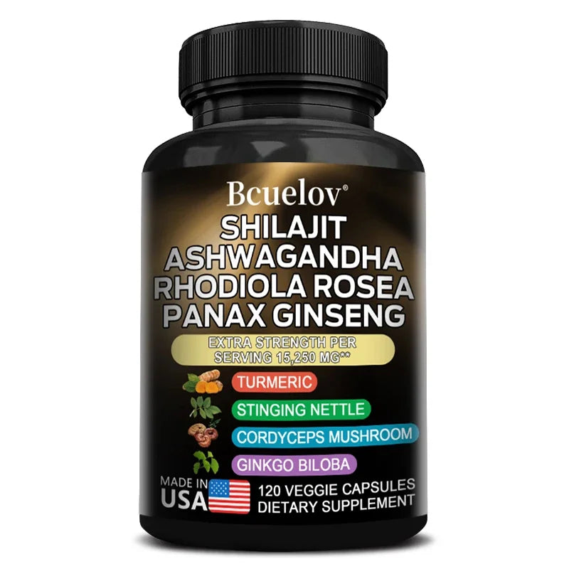 Shilajit Pure Himalayan with Ashwagandha, Rhodiola, Ginseng, Men & Women Supplement - Brain, Energy, Joints, Immunity