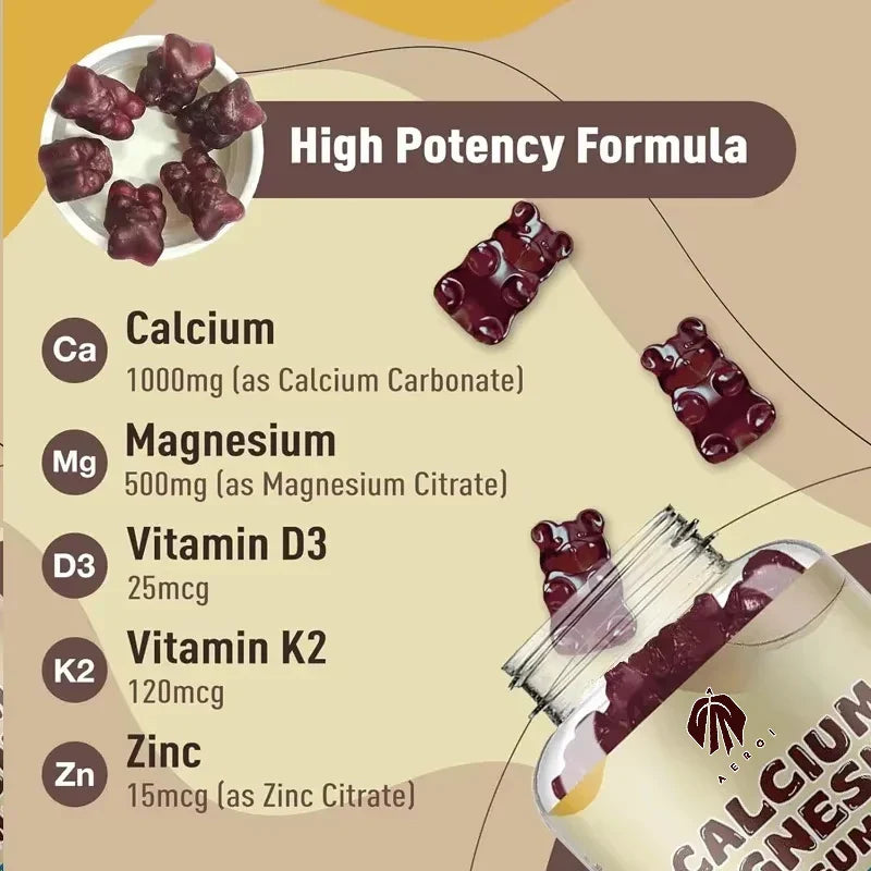 Calcium magnesium zinc gummie supplement containing vitamin D3 and K2, 60 capsules for bone health and muscle function