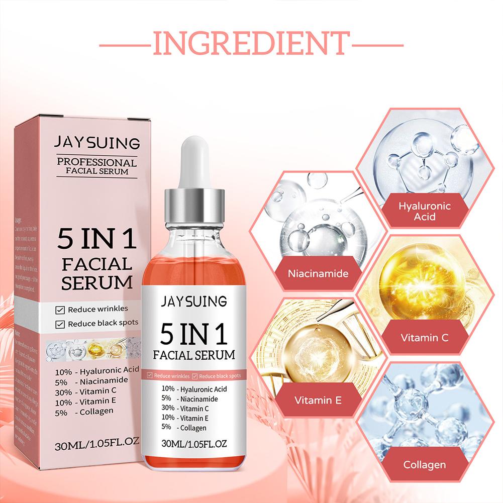 5 In 1 Face Serum Moisturizing Whitening Anti Wrinkle Aging Vitamin C Hyaluronic Acid Facial Serum Shrink Pores Skin Care 30ml