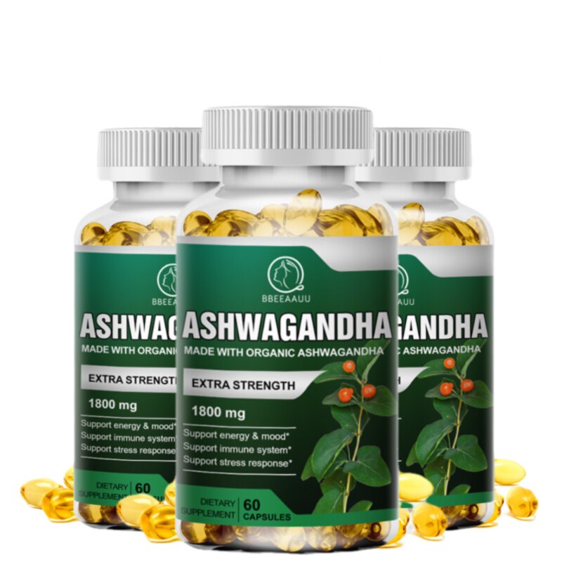 BBEEAAUU Organic Health Food 1800mg Ayurvedic Ashwagandha Capsule Help Sleep Reduce Anxiety Enhances Immunity Energy Supplement