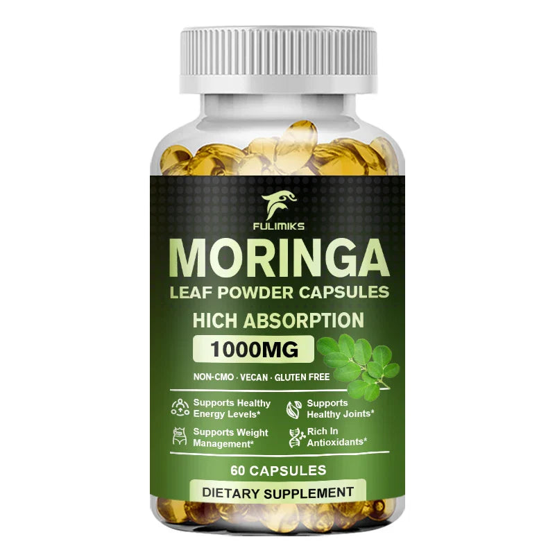Pure Organic Moringa Oil Leaf Powder Capsules 1000mg, Immune System&Energy Booster - Vegetarian Supplements for Healthy Capsules