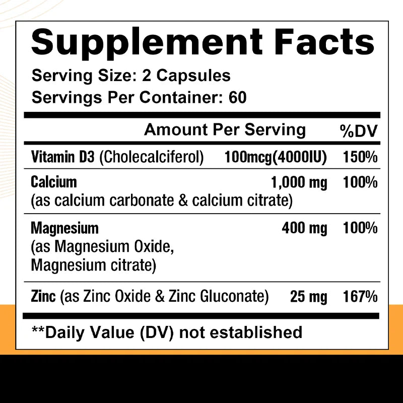Zinc Calcium Magnesium and Vitamin D, Skeletal Muscle Joint Dental Support, Support Immune System Balance 30/60/120 Capsules