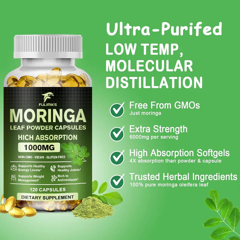 Pure Organic Moringa Oil Leaf Powder Capsules 1000mg, Immune System&Energy Booster - Vegetarian Supplements for Healthy Capsules