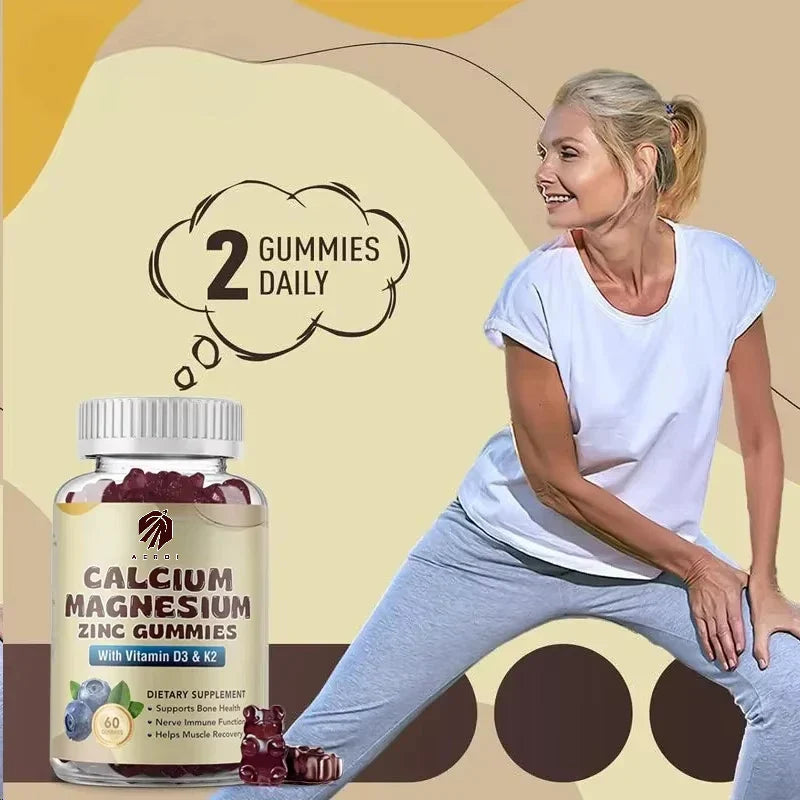 Calcium magnesium zinc gummie supplement containing vitamin D3 and K2, 60 capsules for bone health and muscle function